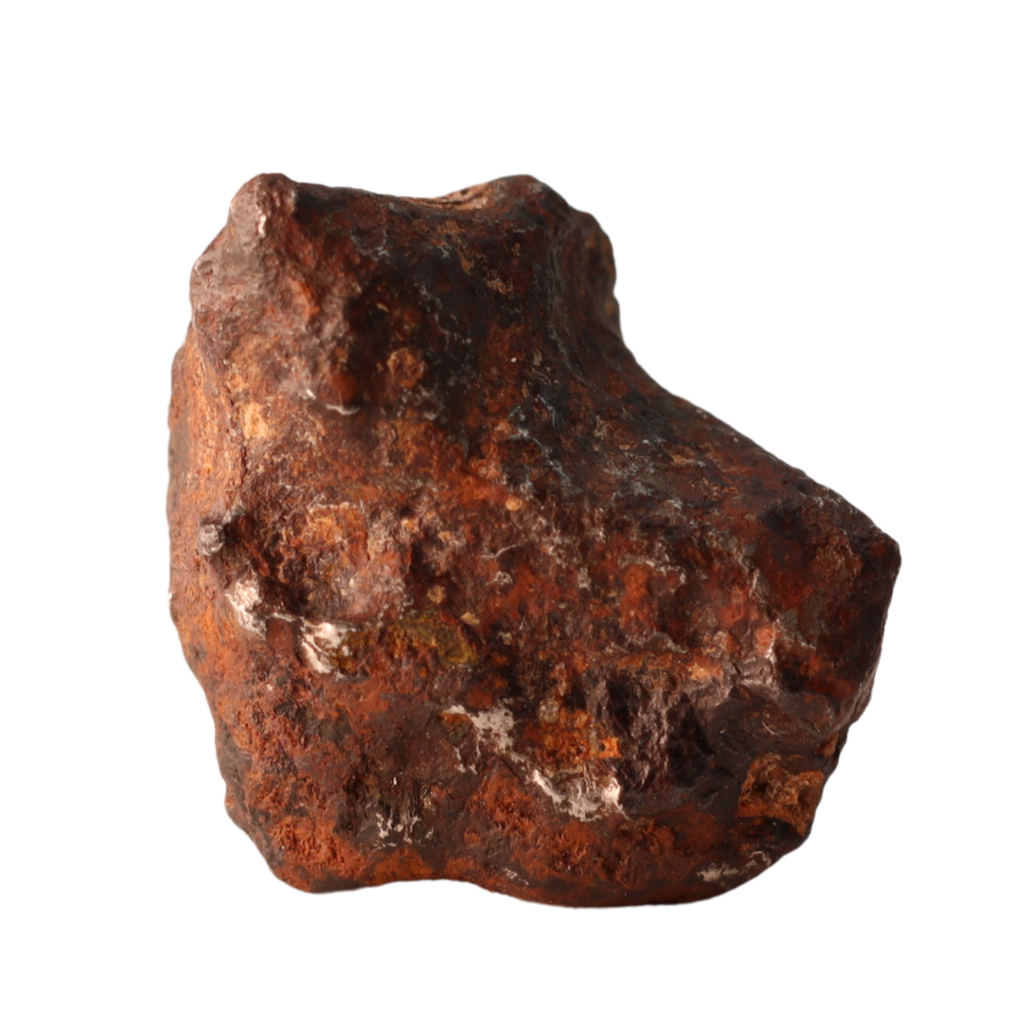 Ungrouped iron meteorite from MBS meteorite brand, showing textured metallic surface and natural irregular shape, weighs 5.62g.