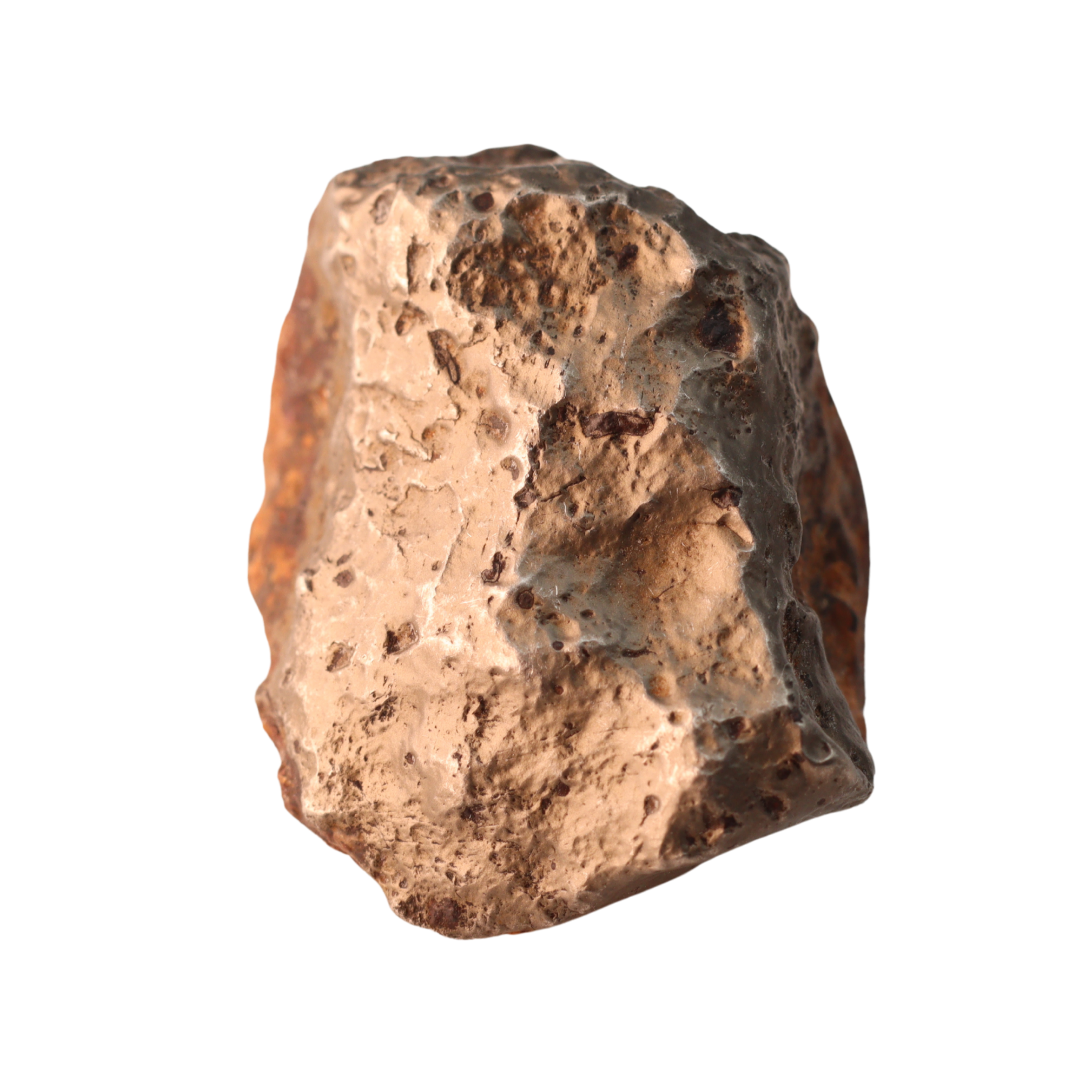 Ungrouped MBS meteorite Mdeïné 003 with golden iron surface, weighing 24.42g, showcasing its natural metallic texture.