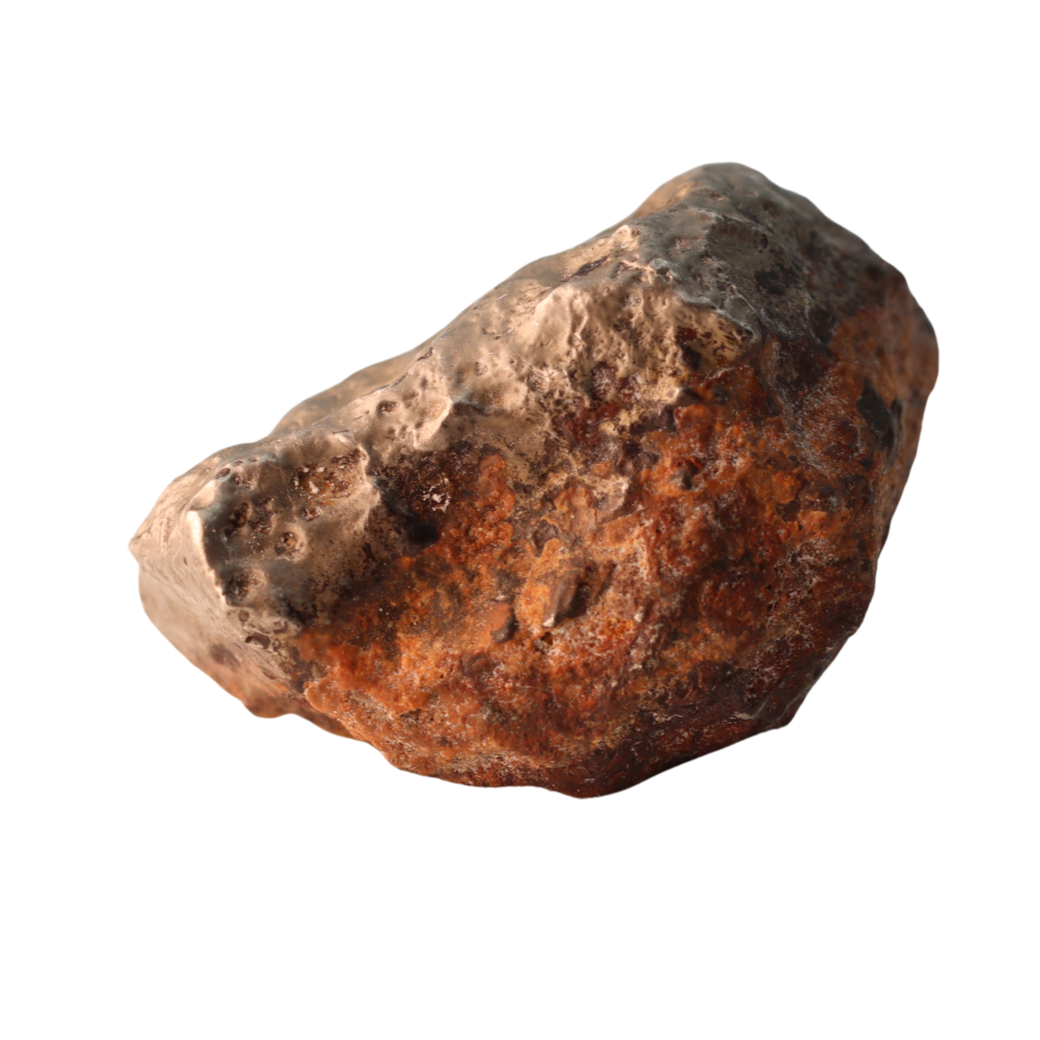 Golden MBS meteorite Mdeïné 003, rare ungrouped iron meteorite with a shiny, textured surface, weighing 24.42g.