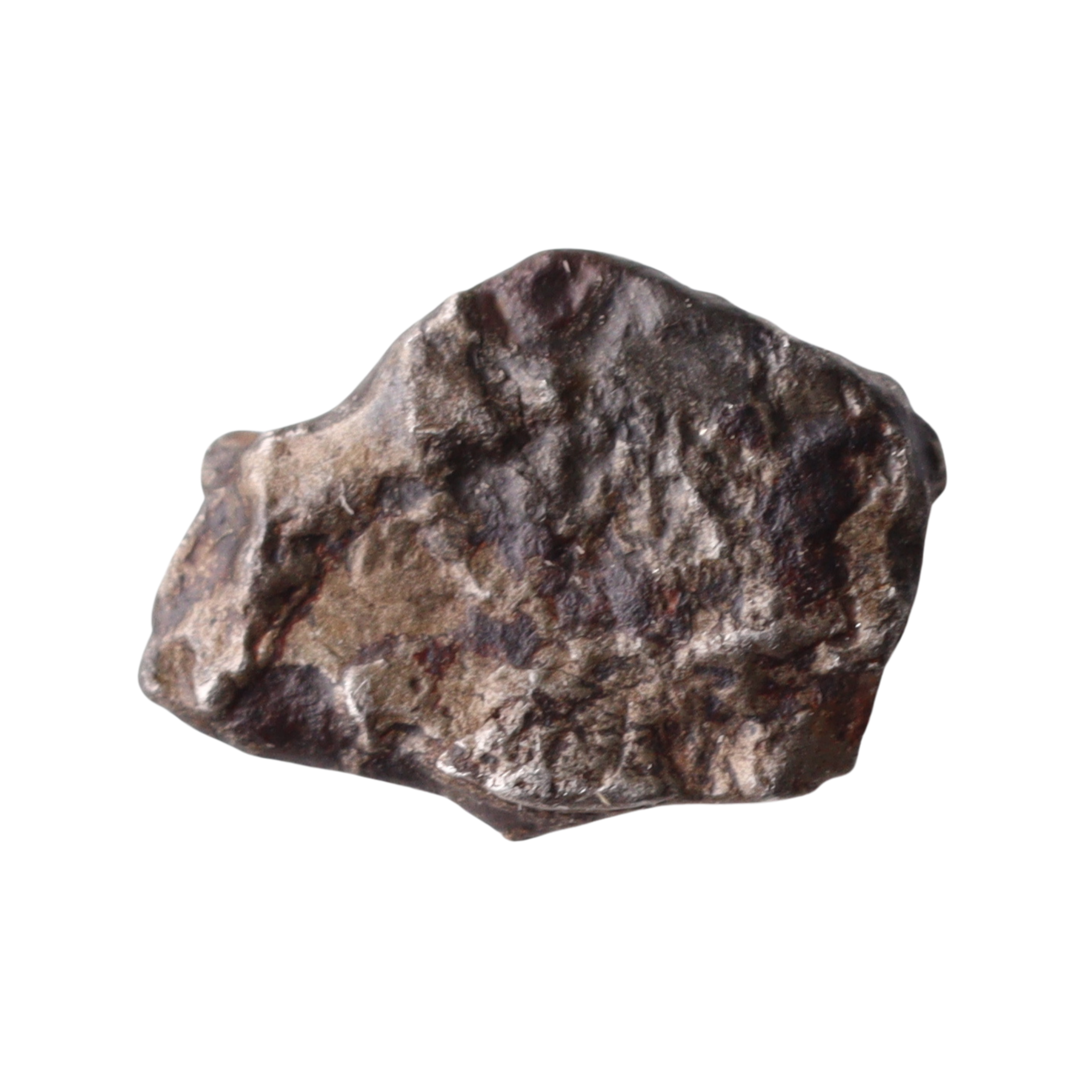 Close-up of rare MBS Meteorite Mdeïné 003 iron meteorite showing textured metallic surface and natural metallic appearance.